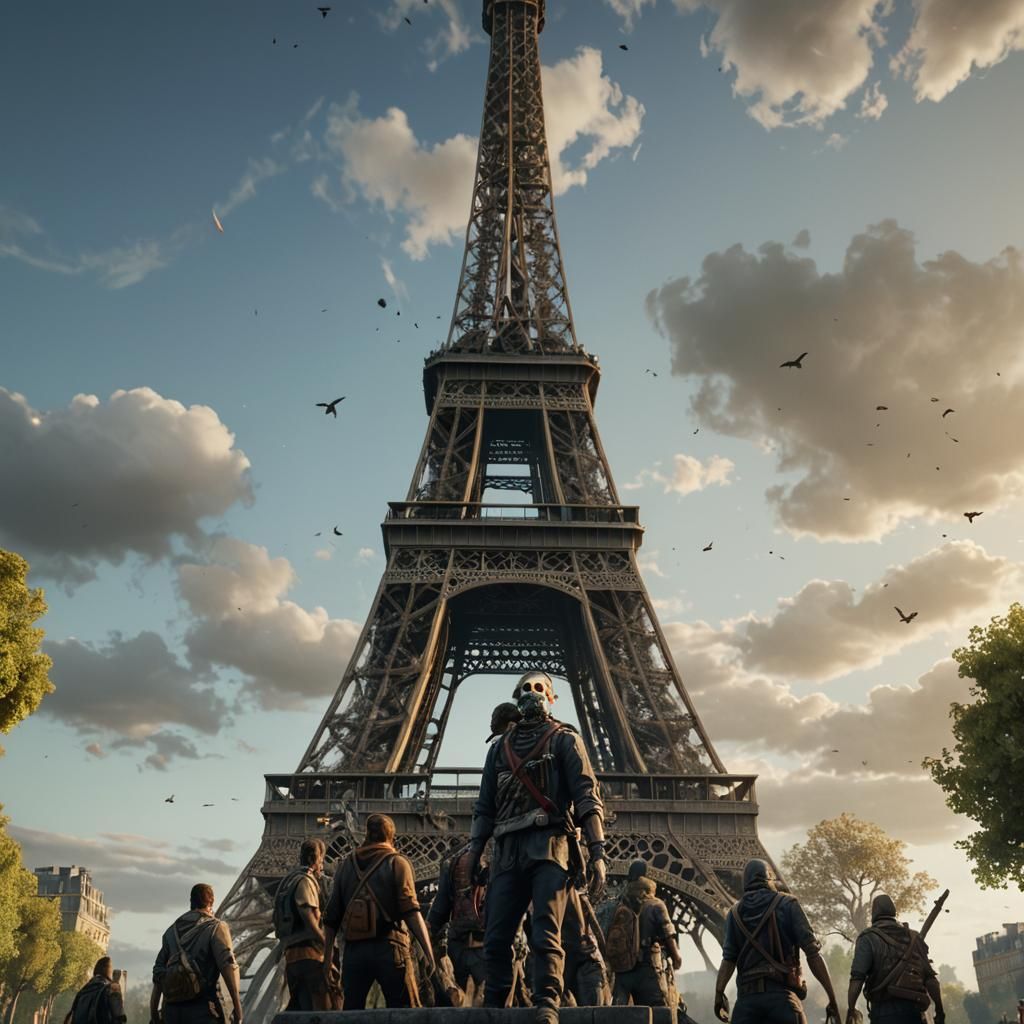 Zombie Horde looking up at The Eiffel Tower