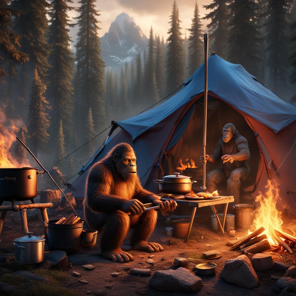 Bigfoot wearing an apron cooking at a tent campsite over the...