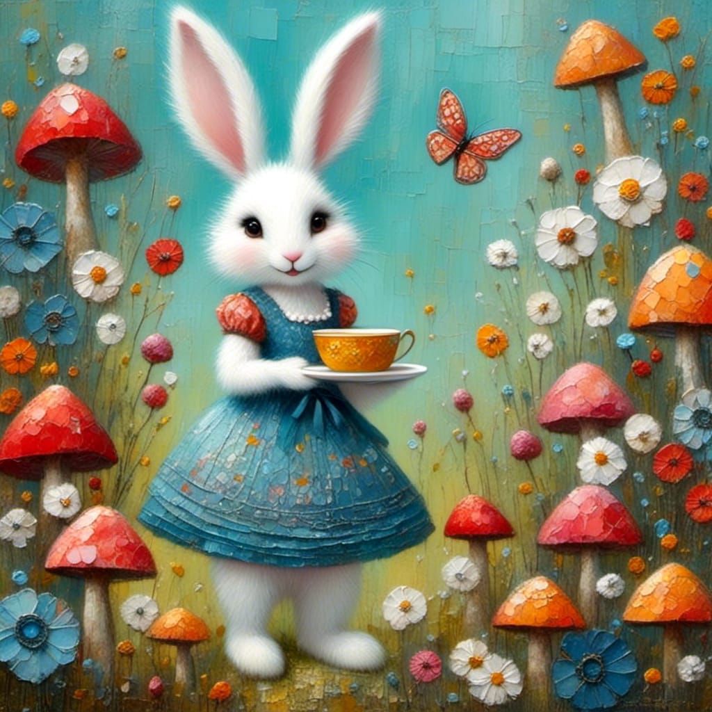 <lora:WHIMSICAL:1.0> whimsical folk art, cute white bunny drinking tea with a girl in a blue dress, smiling, flowers, red mushrooms,butterfl...