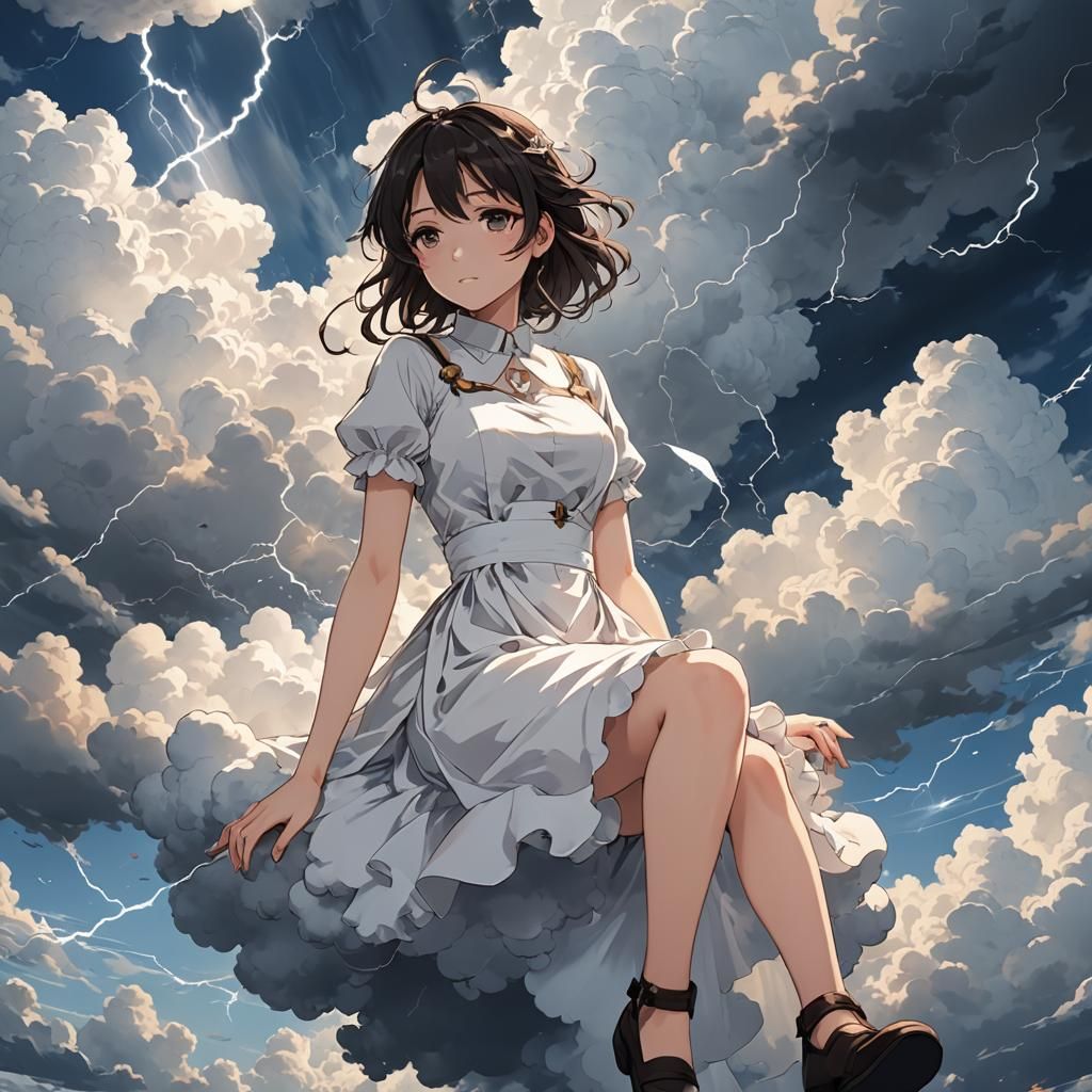 Anime Girl on Thundercloud in Manga Style