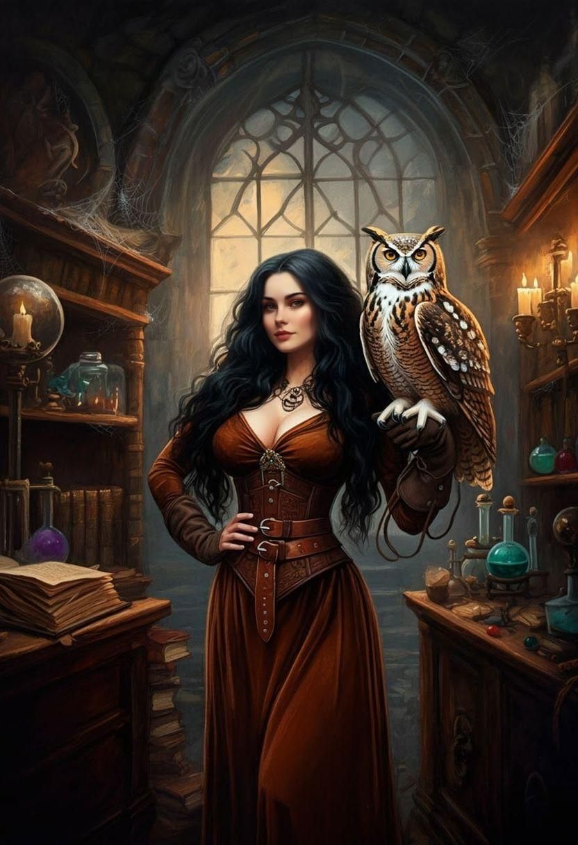 Zenobia Beauchamps, a.k.a. Madame Zenobia, witch, with her owl familiar, Ambrose.  by @DarkJackal