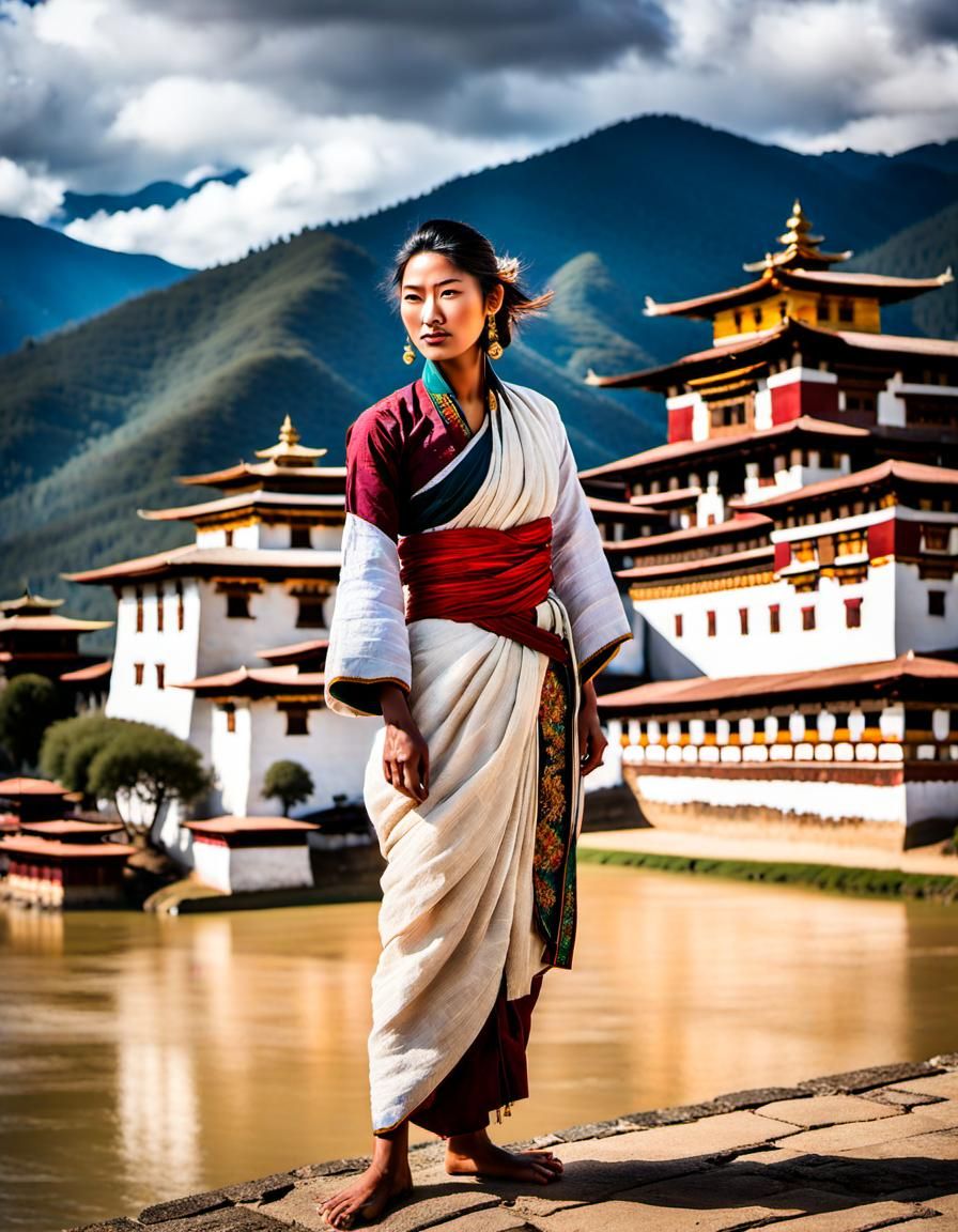 Bhutanese woman wearing traditional Bhutanese clothing posing in front ...