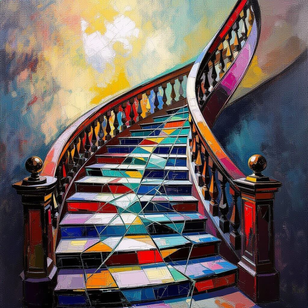 Hyper realistic shattered glass staircase