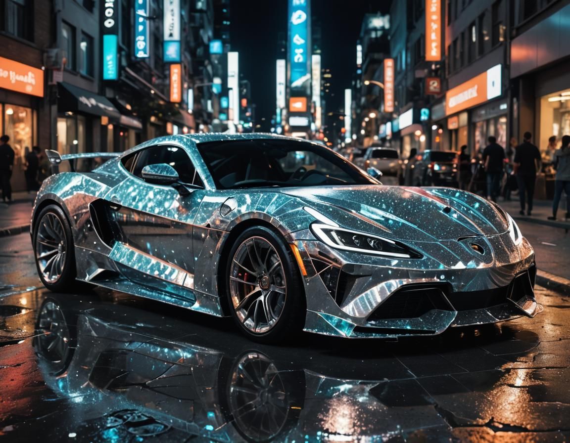 Silver hologram of a sports car parked on a night street, ho...