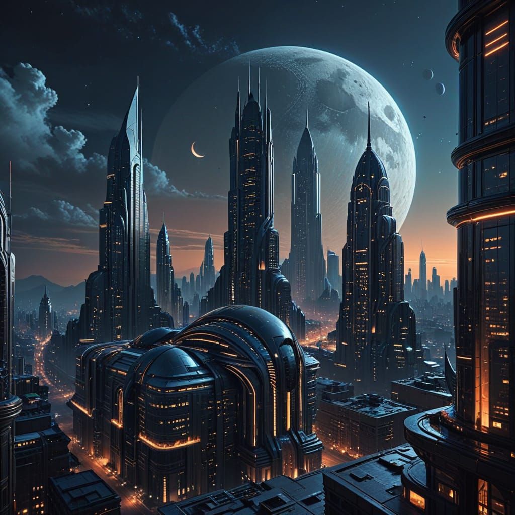  Hyper-realistic digital art. Medium shot. Ethereal cityscape with sleek skyscrapers and intricate architecture, gently resting on the lumin...