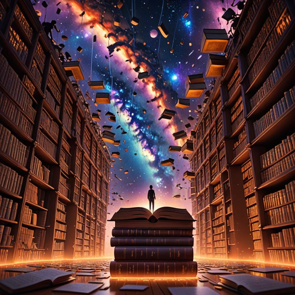 Surreal Floating Library in Stratosphere as Digital Painting