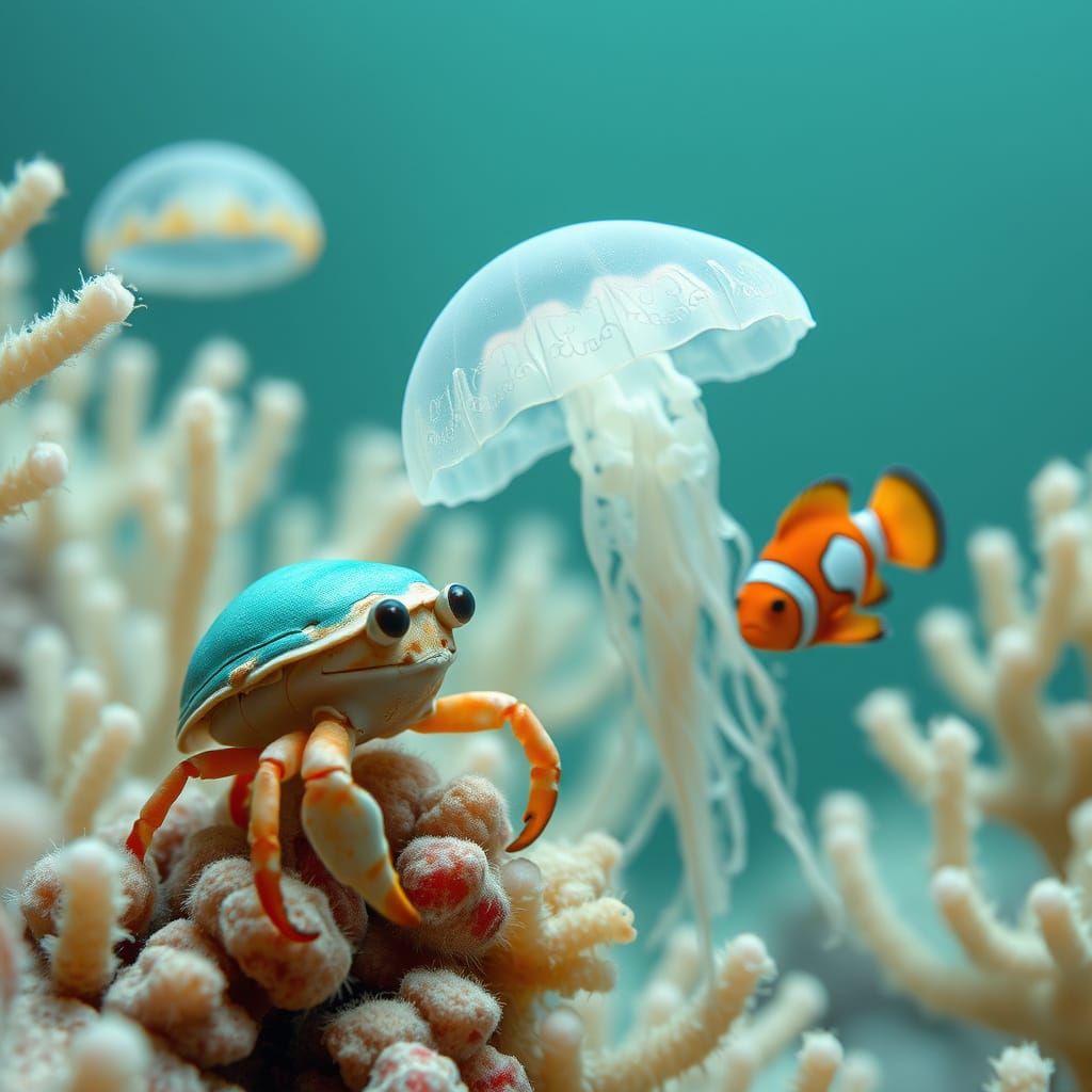 Delicate image of a hermit crab near a jellyfish and a clownfish. Coral barriers in the sea  by @Geofranz-Italy