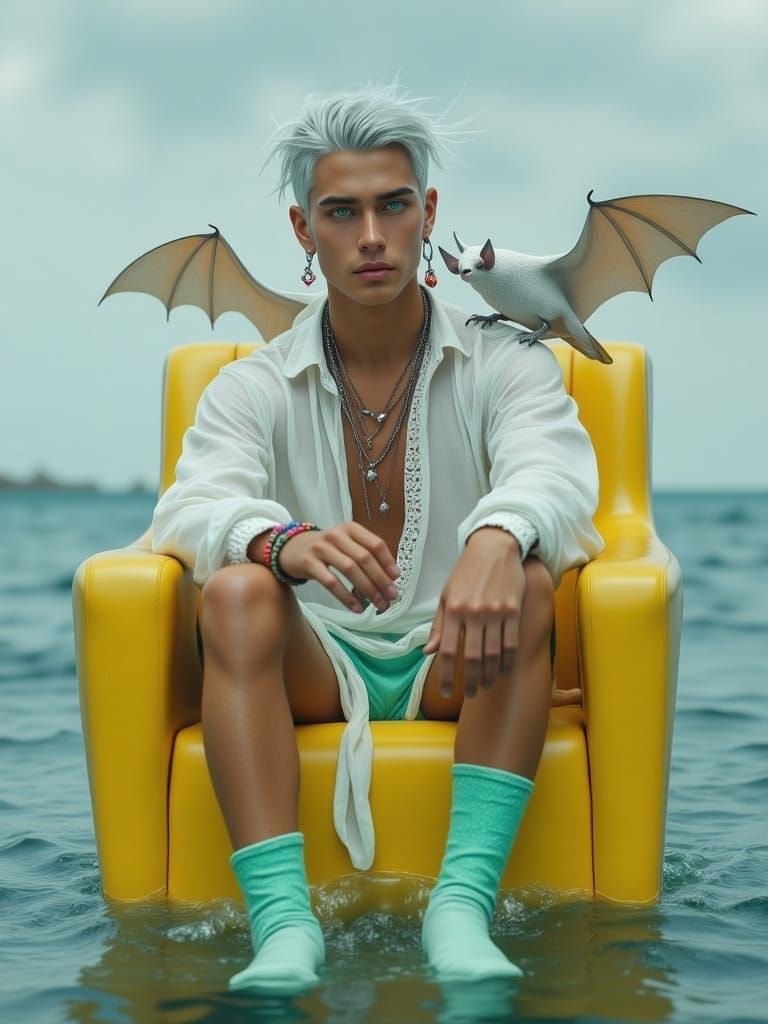 <lora:Future-Punk:1.0> A Guy with a smile, big shine green eyes, fluffy silver hair tied in a ponytail to one side, in light lace clothes fl...