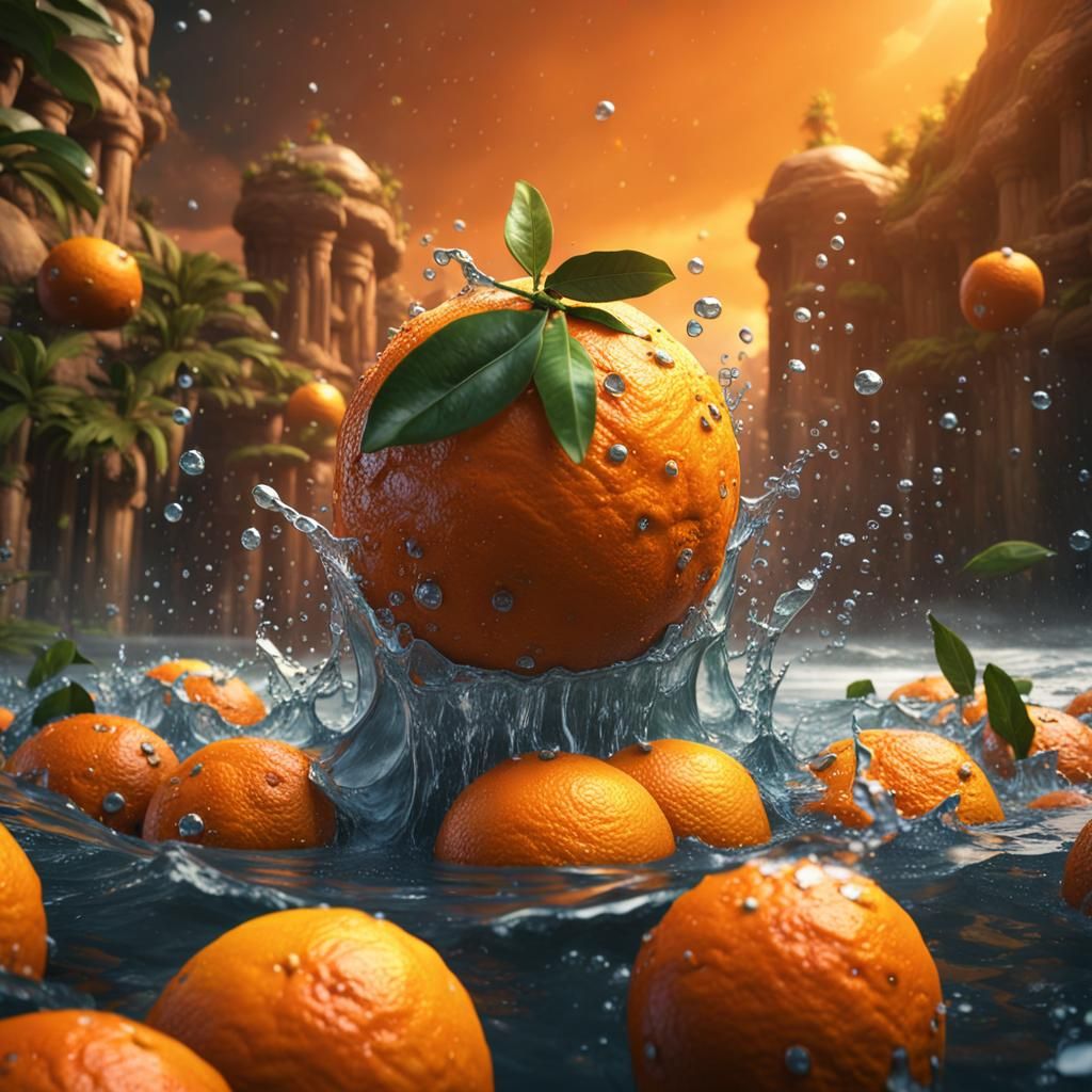 oranges with water on top detailed matte painting, deep colo...