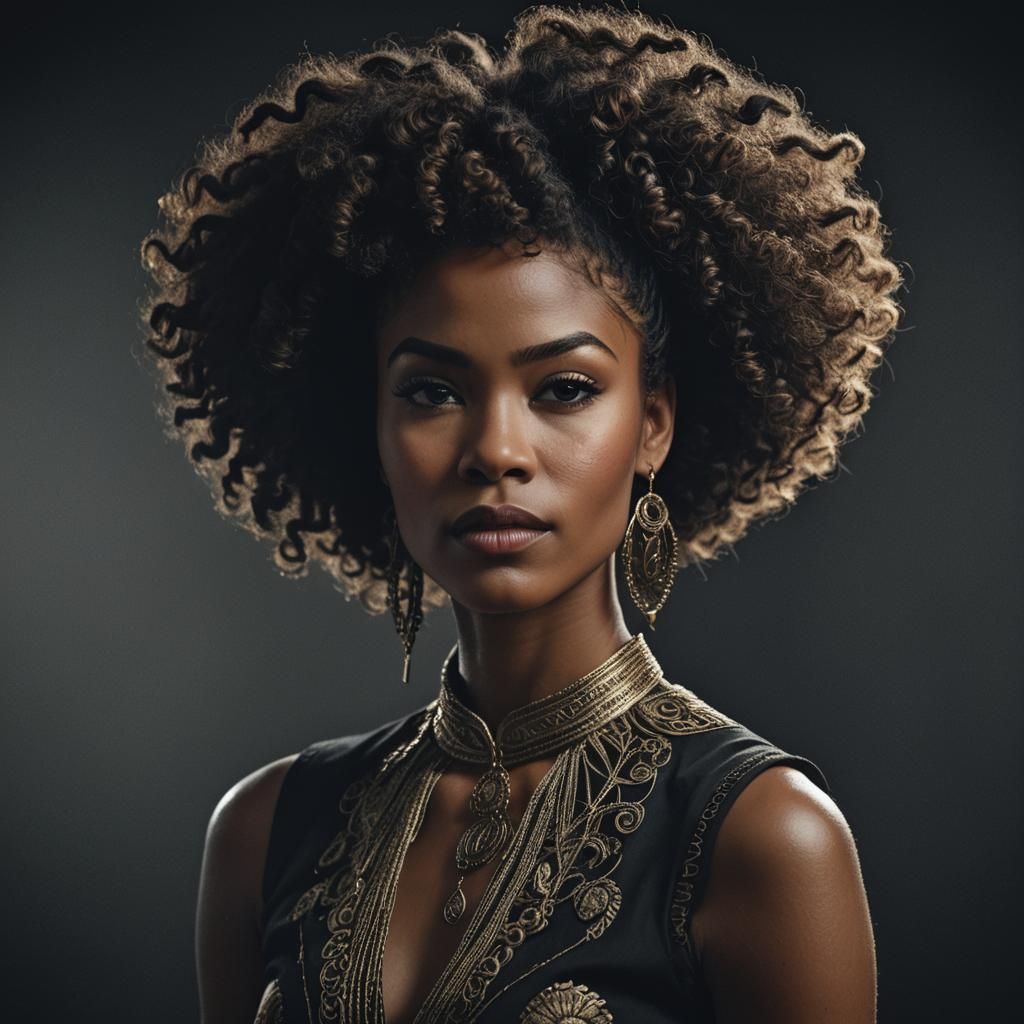 "A striking portrait of a woman with an elaborate and artist...