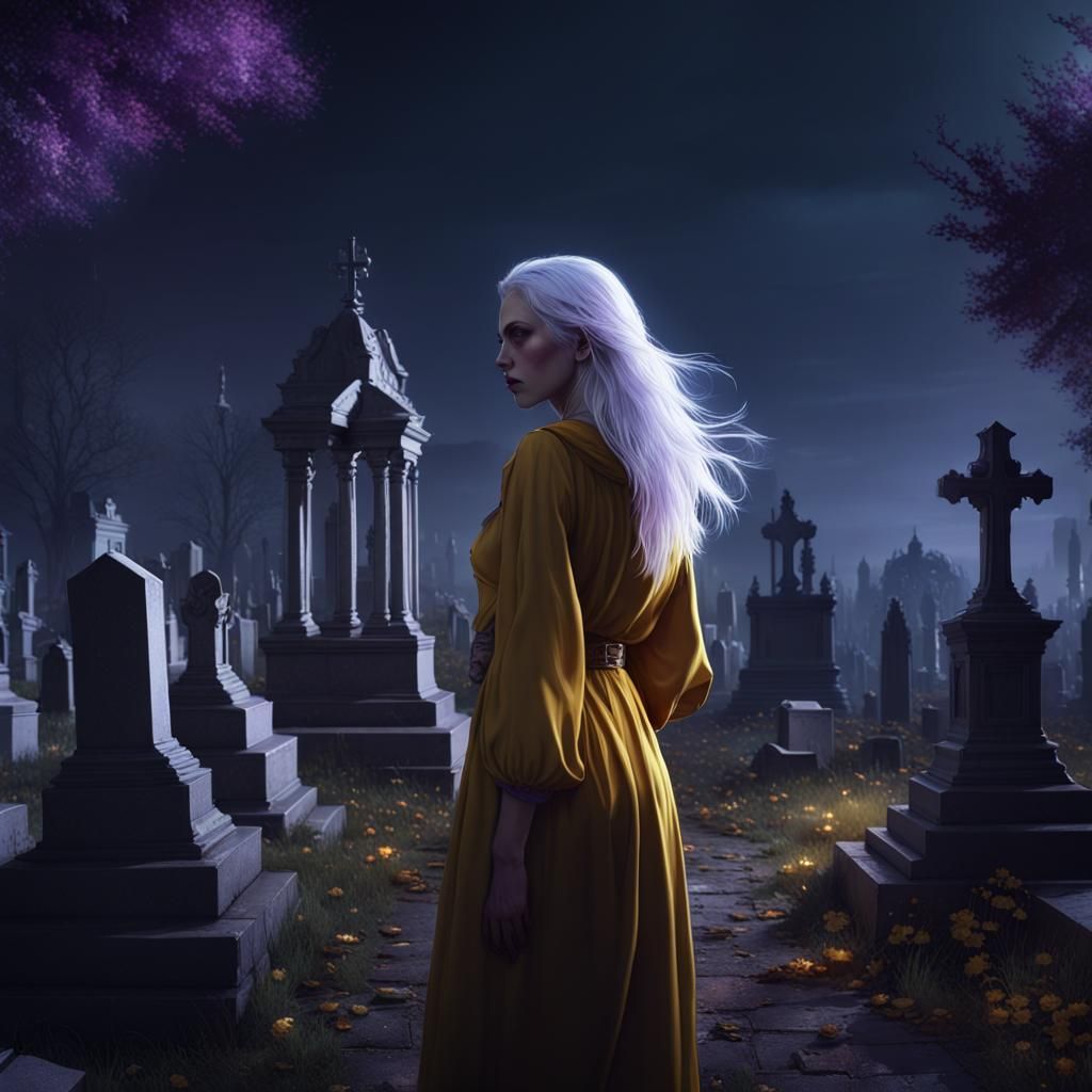 girl with white hair in the middle of a cemetery at night