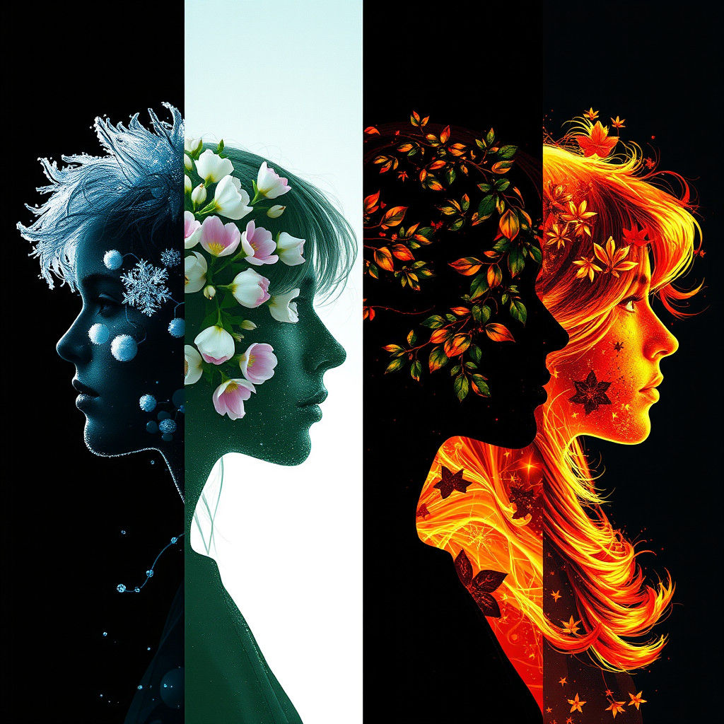 Hyper-realistic glitchcore surrealism depicting four human profile silhouettes. Each silhouette is indicative of a different season, arrange...