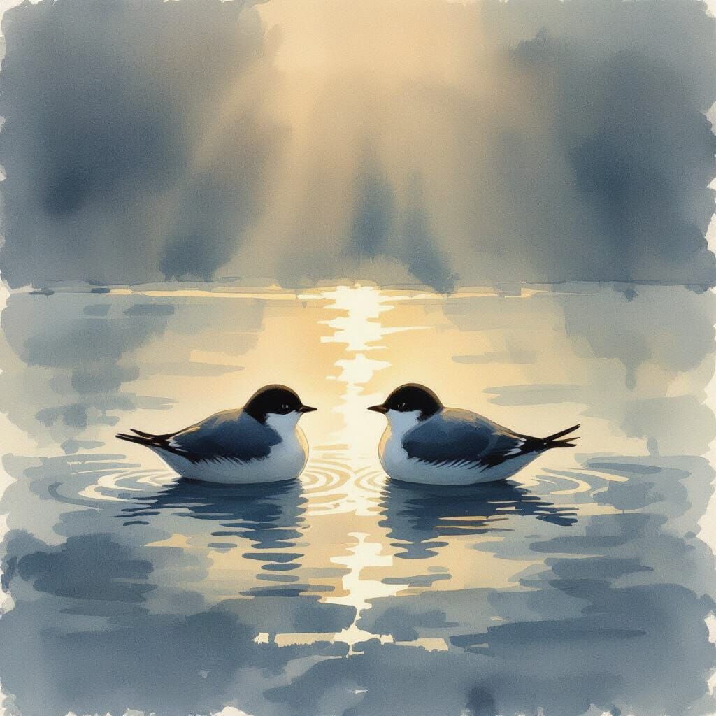 Two Birds on Sea Surface with Golden Light