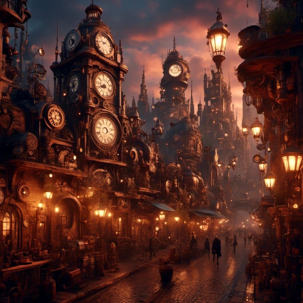<lora:Steampunk Madness:1.0> ((Steampunk:1 3)) a steampunk clock tower in a beautiful steampunk town, the scene takes place at night, with b...