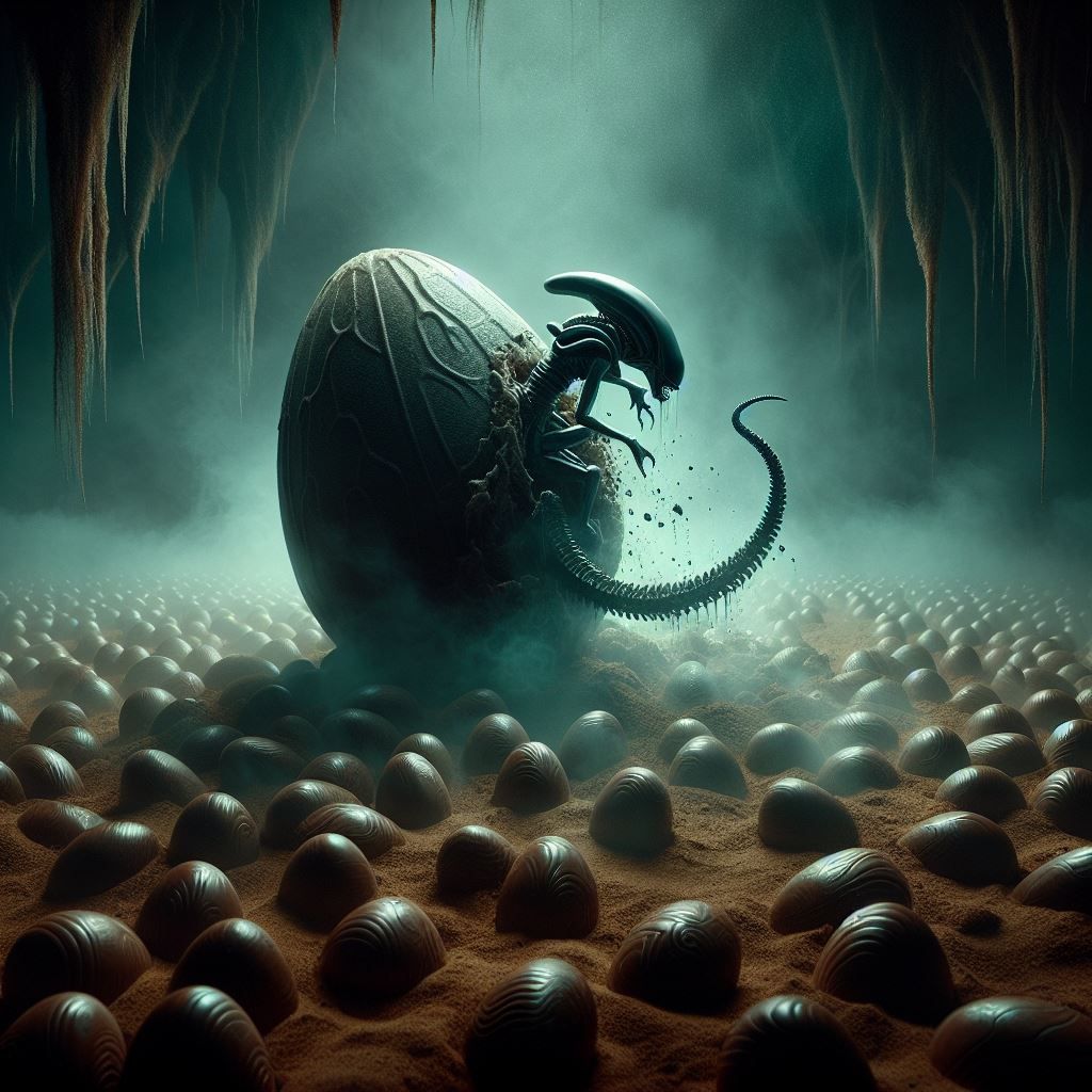 🐣️ A field of chocolate eggs, distant planet, egg hunting