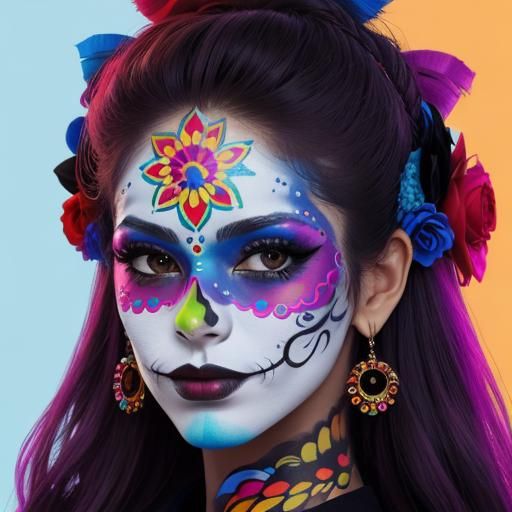 Medium shot of a beautiful woman wearing colorful Día de los...
