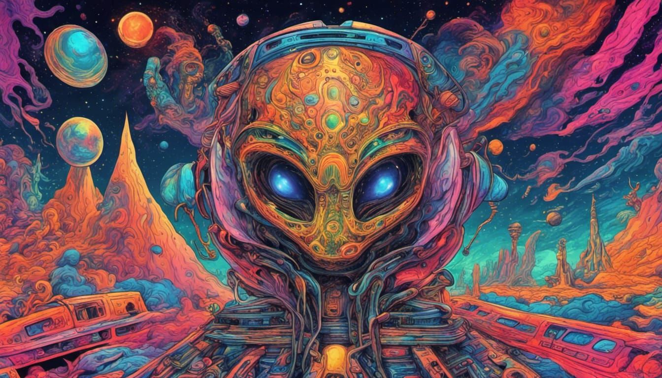 a psychedelic alien inside a psychedelic spaceship traveling...
