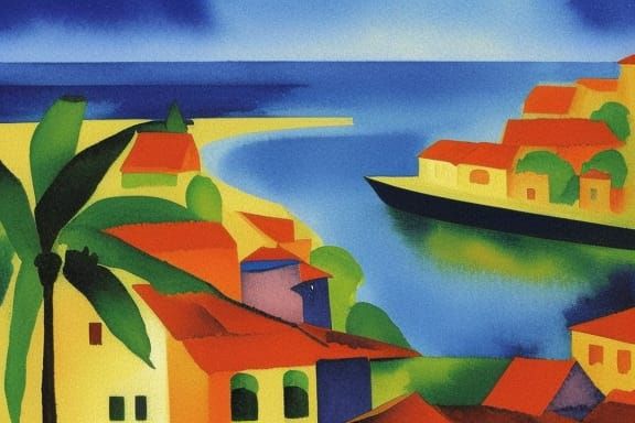 Colorful Italian Village by the sea by August Macke; waterco...