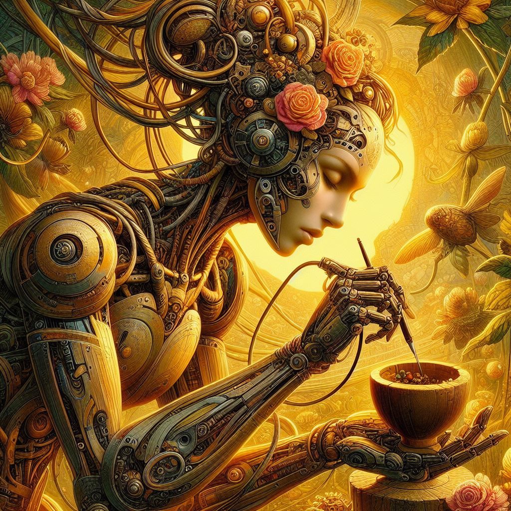 gracefully working cyborg in a romantic garden