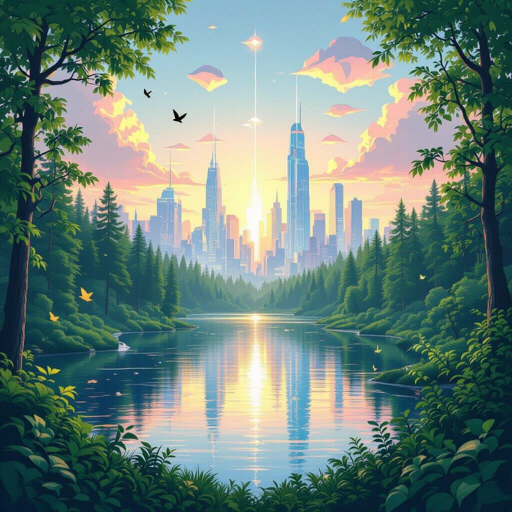 Futuristic City Over Lush Forest at Pastel Sunset