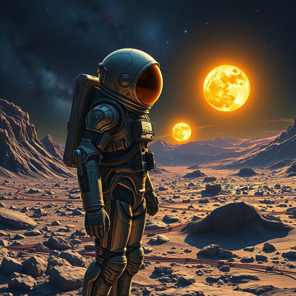 A brave astronaut stands on a distant, alien moon with twin suns in the sky, gazing out at a nebula-filled ...  by @The Athenian