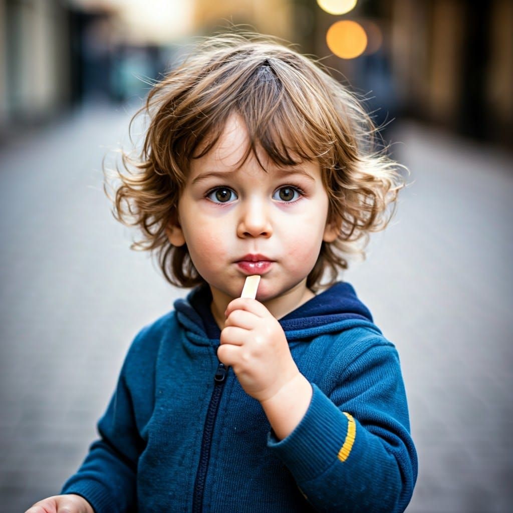 Boy Eats Ice Cream in Street Photography Style