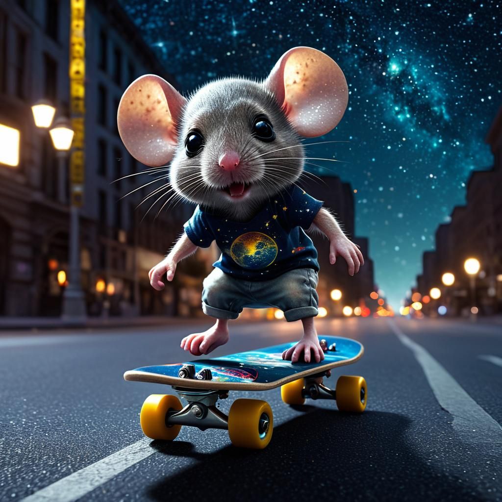 Mouse riding skateboard in the streets in city at night  by @ELY M
