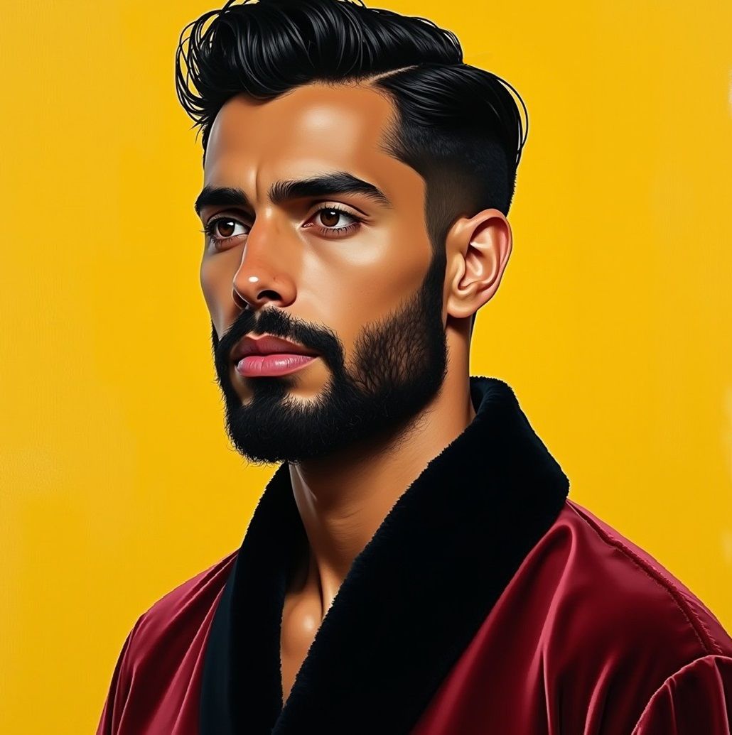 A handsome bearded  man  wearing a      red    velours   bat...