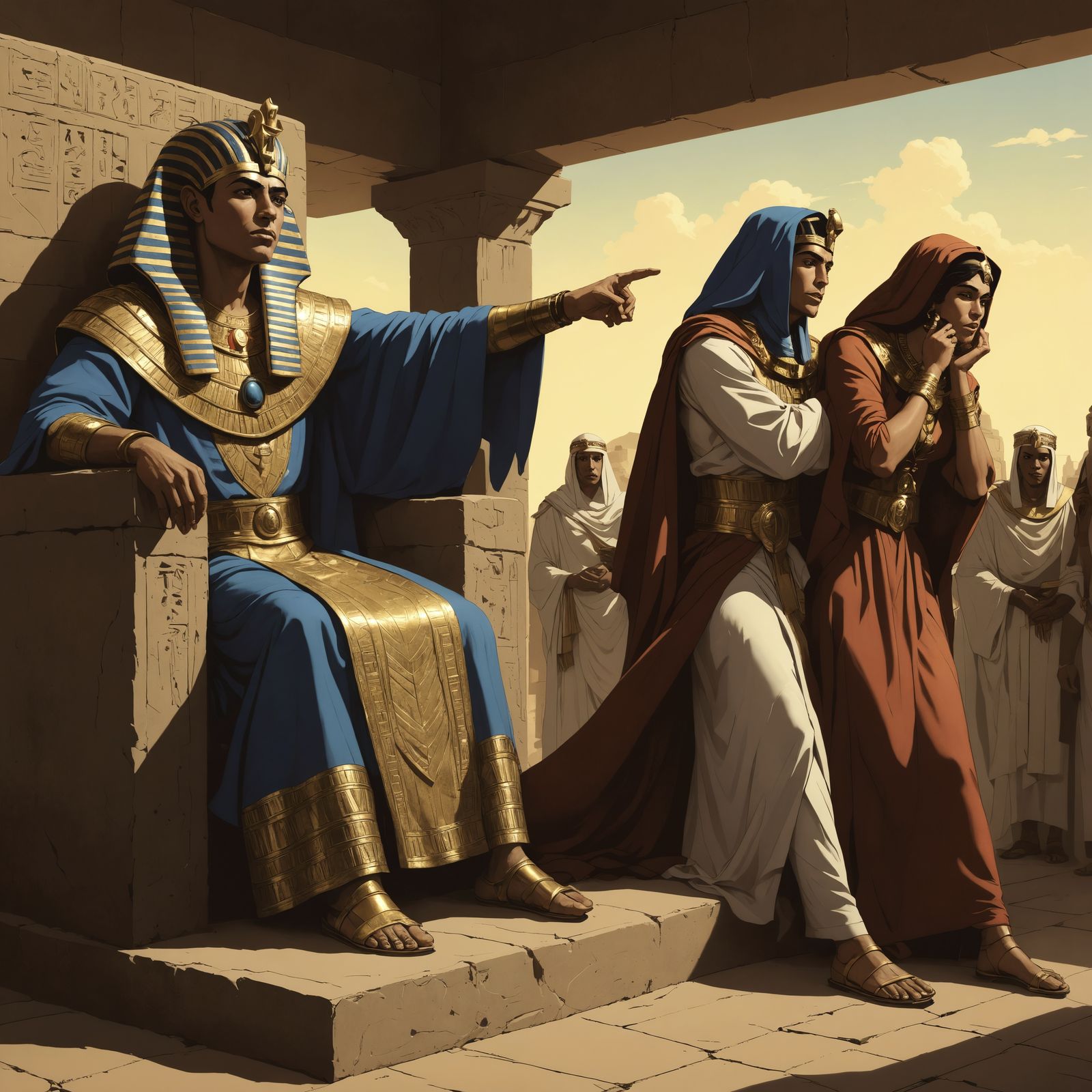 Cartoon illustration in DC comic style: A stern Pharaoh with...