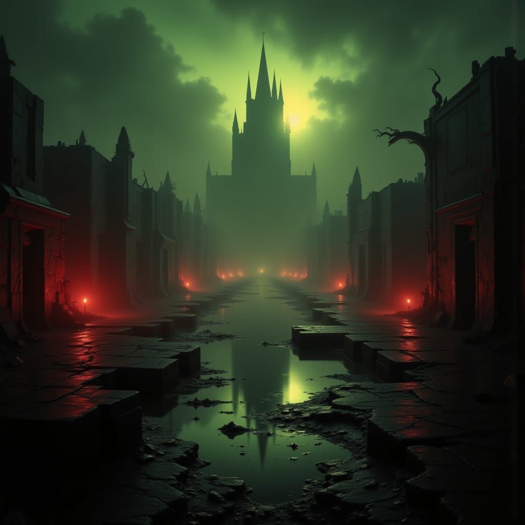 ominous ghost town in eerie twilight, futuristic ruins, a sense of foreboding triadic colours: red, green and yellow <lora:TwilightZone:1.0>