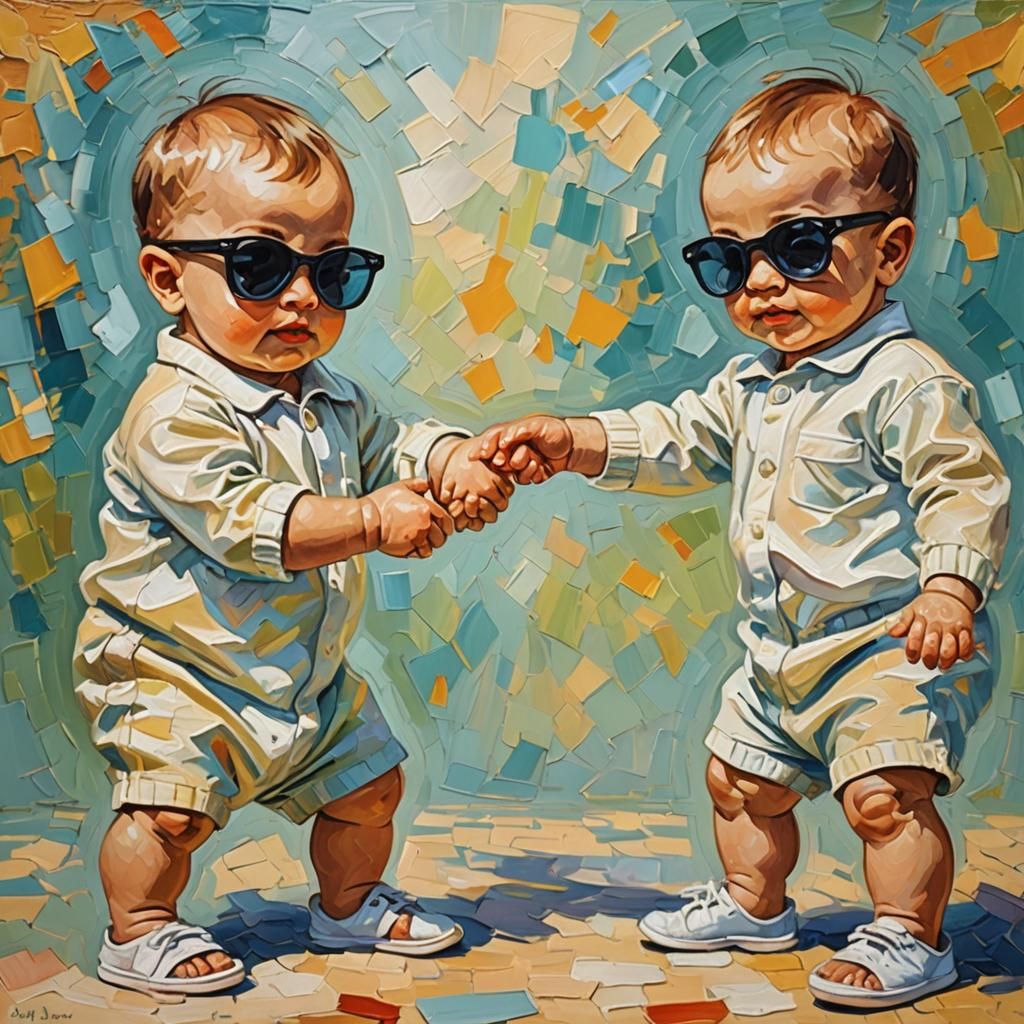 Twins babies with sunglasses shaking hands. neo-impressionis...