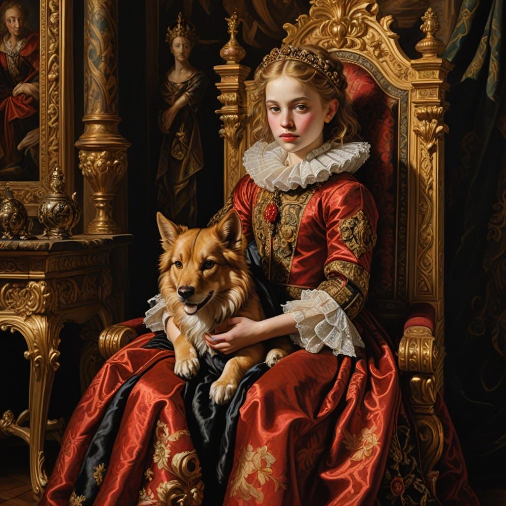 devilish red exotic pet in little girl arms, Medieval decor and style oil painting by Rubens  by @Max LImax