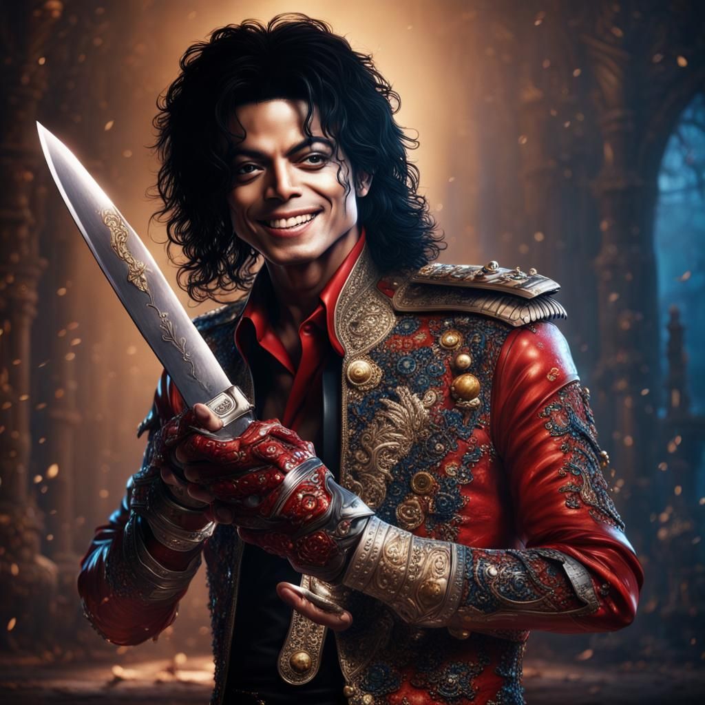 Michael Jackson with a huge knife in his hand. Smiling