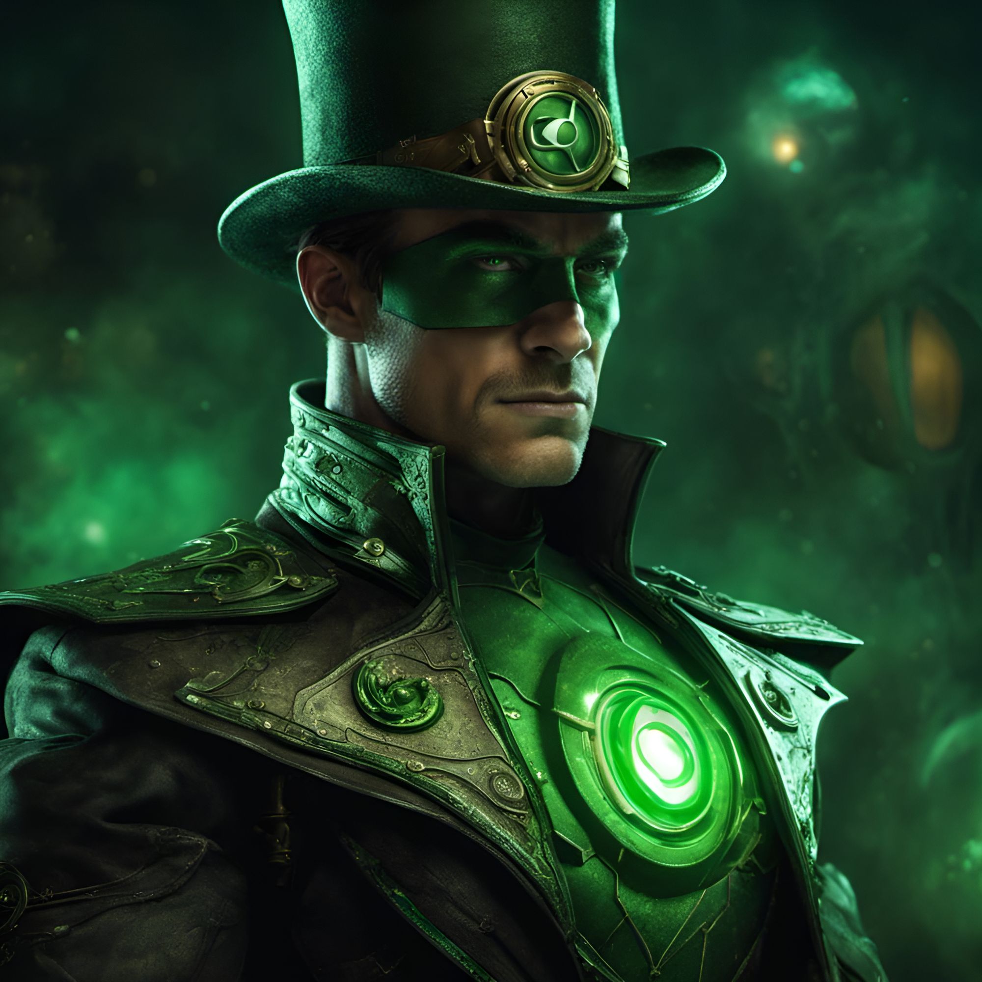 intricately detailed handsome, muscular, top hat, steampunk Green Lantern a masterpiece, 8k resolution, dark fantasy concept art, by Greg Ru...