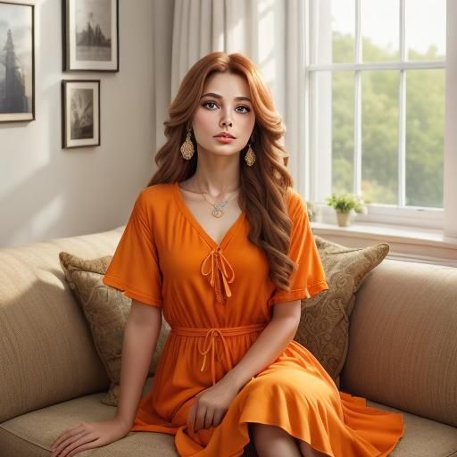 <lora:Pretty fashion:1.0> pretty woman, orange dress, brown ...