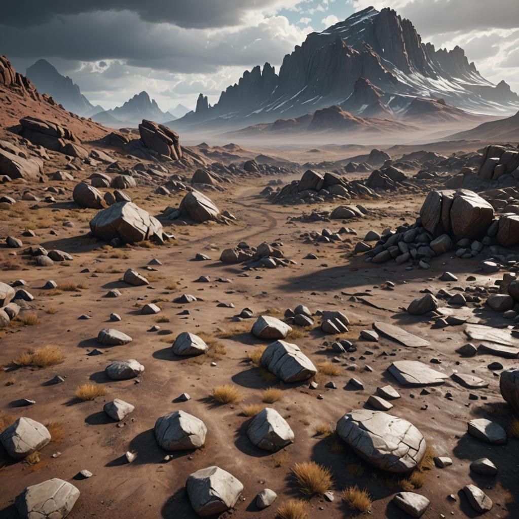 Barren cloudy landscape with some rocks sticking out of the ...
