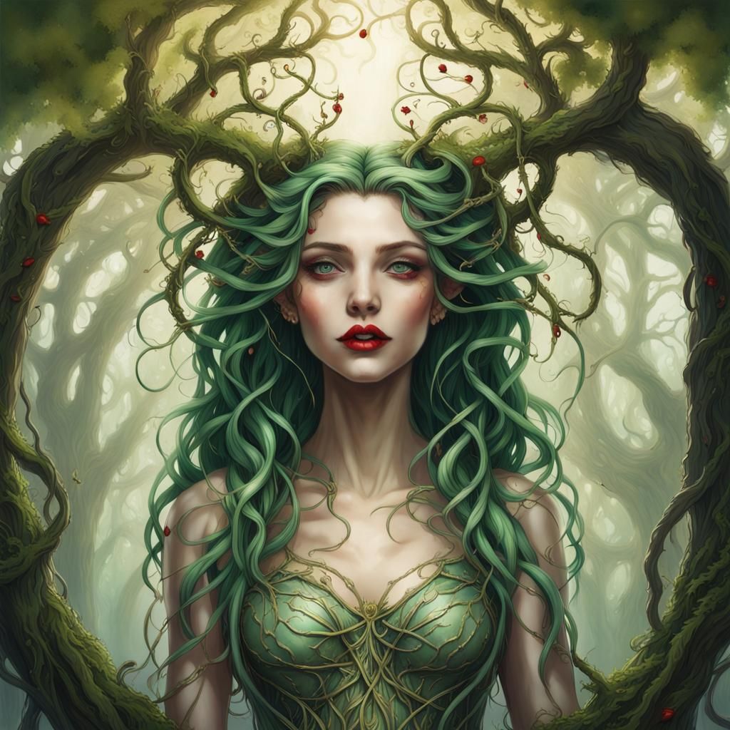 Green-Haired Goddess with Magical Vines