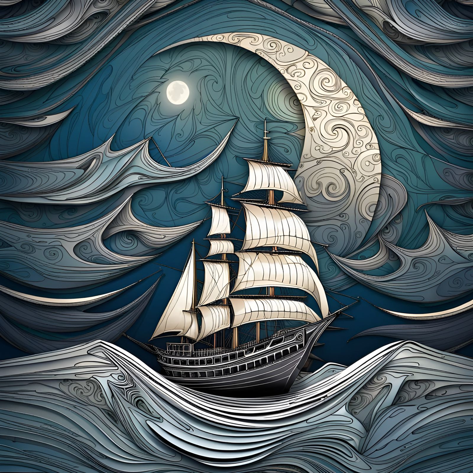 ship sailing on a moonlit ocean