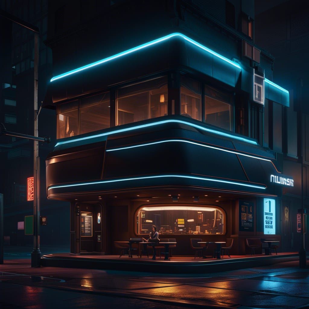 Building Exterior, retrofuturisitc, dark coffeeshop "Nightha...