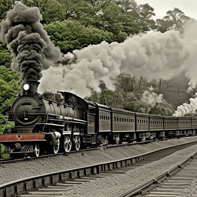 photo 8k; ultrarealistic; antique; steam train on tracks goi...