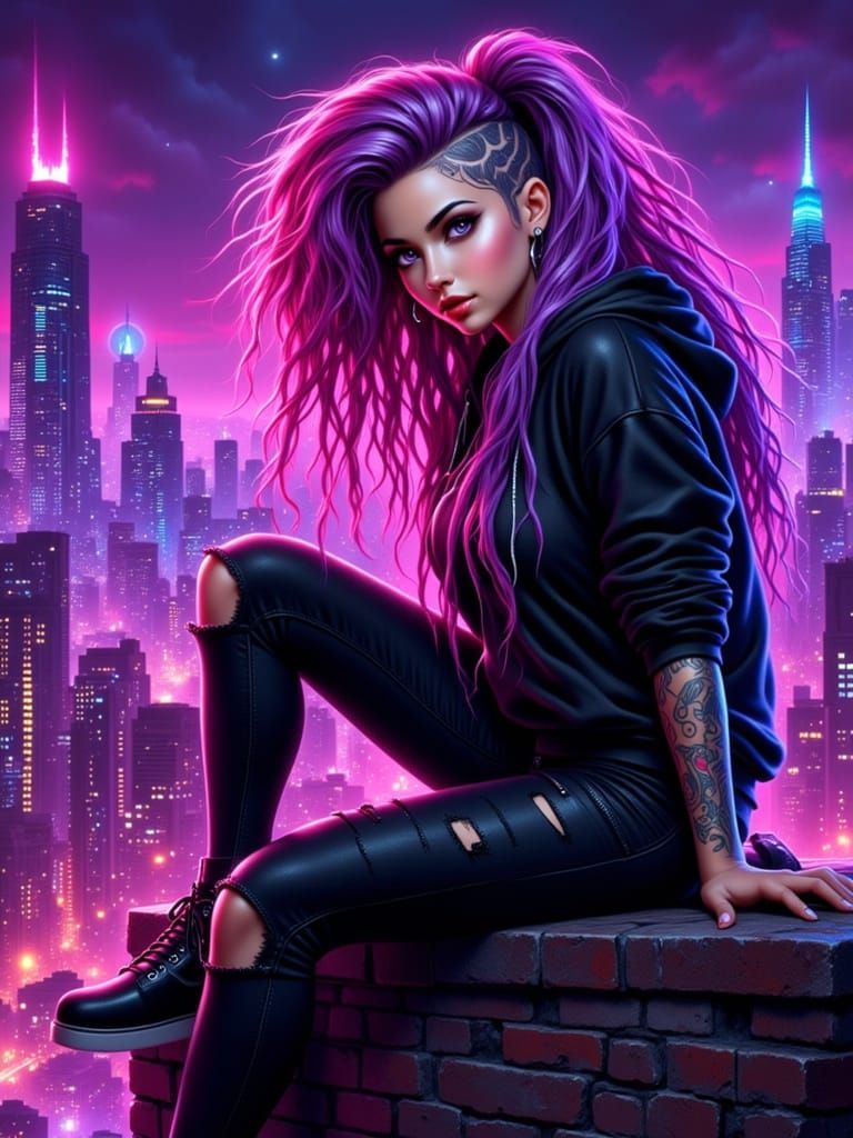 Cyberpunk Cityscape with Hispanic Woman