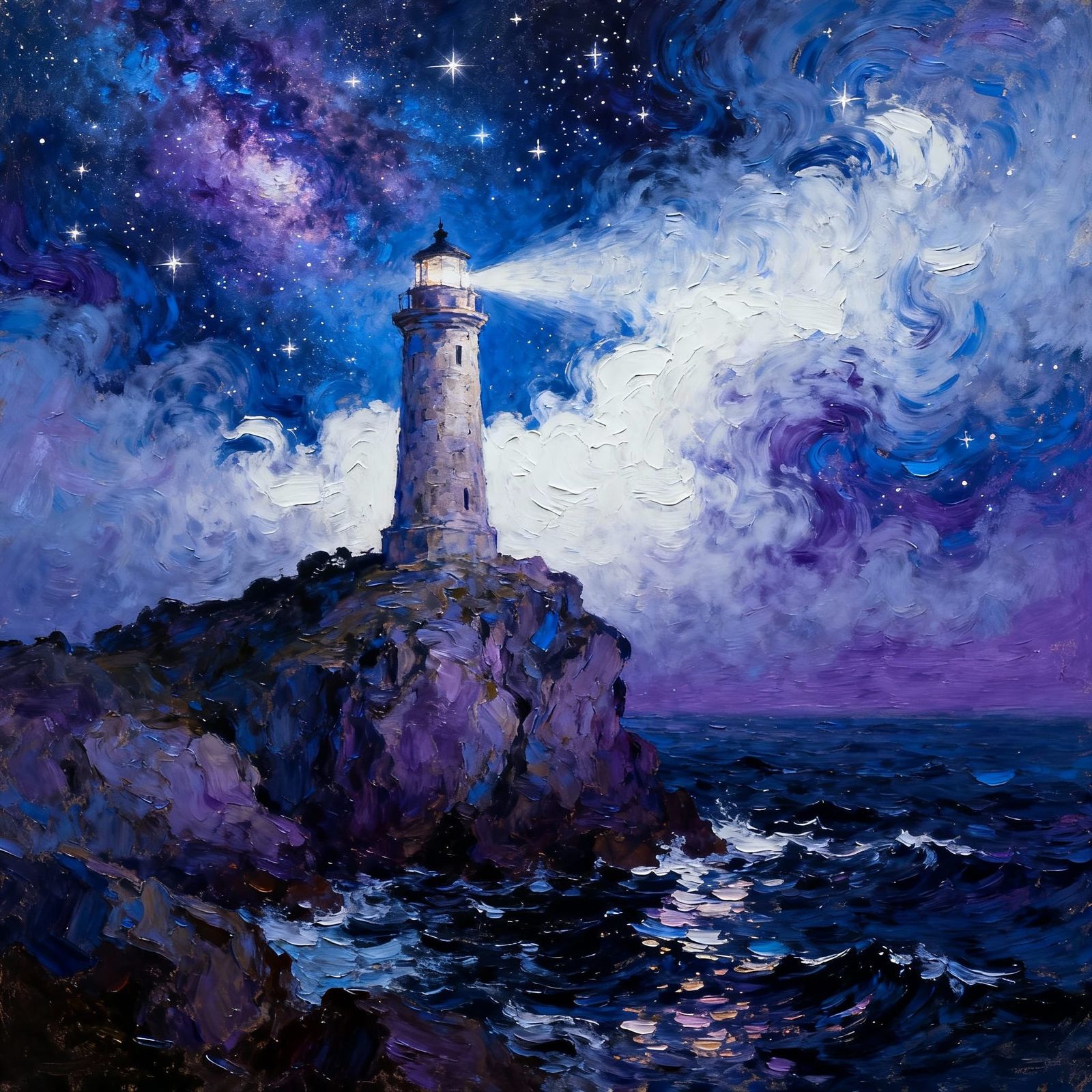 A lone, ancient lighthouse stands on a rocky outcrop, its beam cutting through a swirling, star-dusted ...  by @Hanaa
