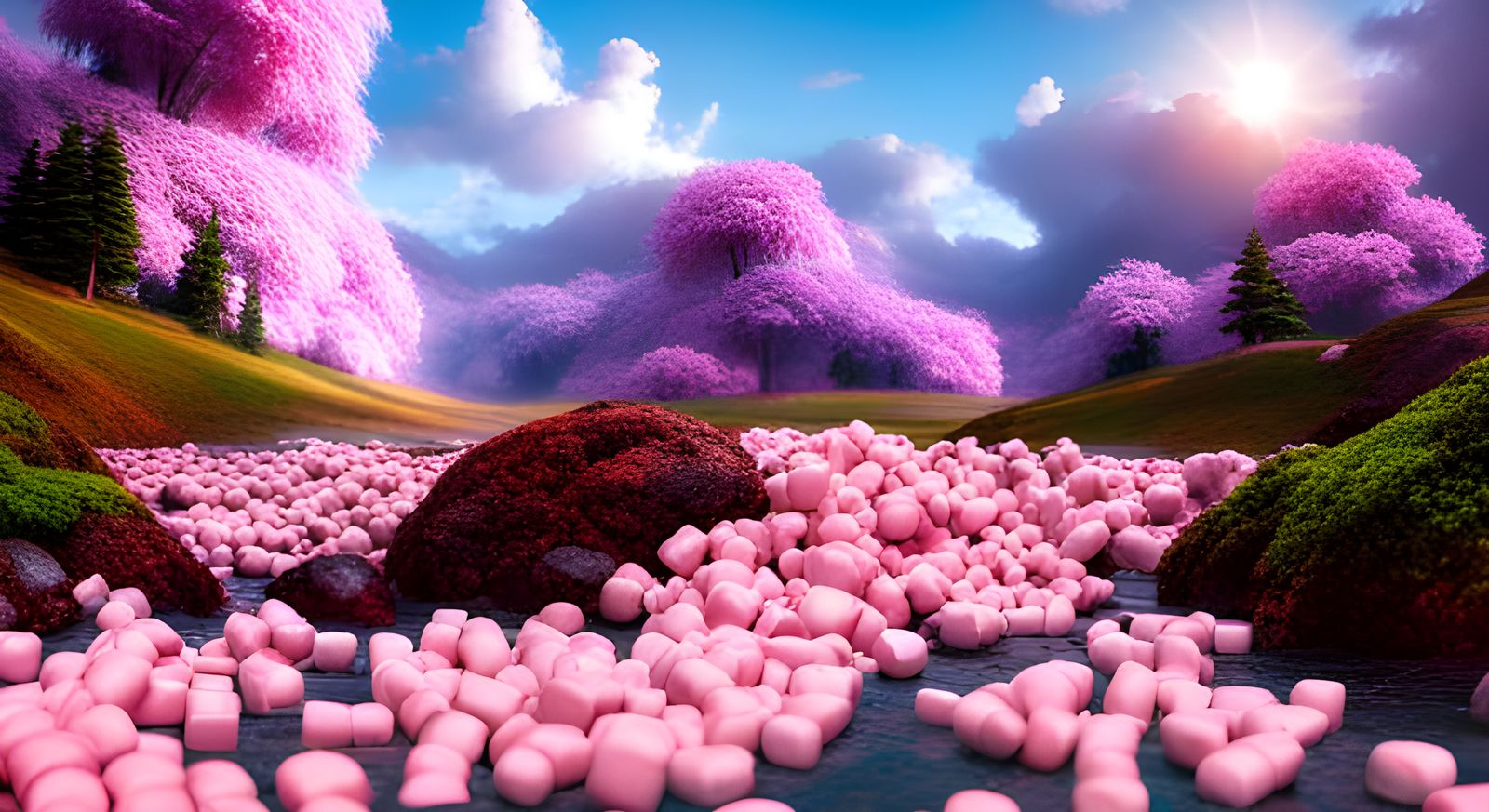 Marshmallows raining in a sunny valley, 3D game, 64 megapixels, 8K resolution AI Generated