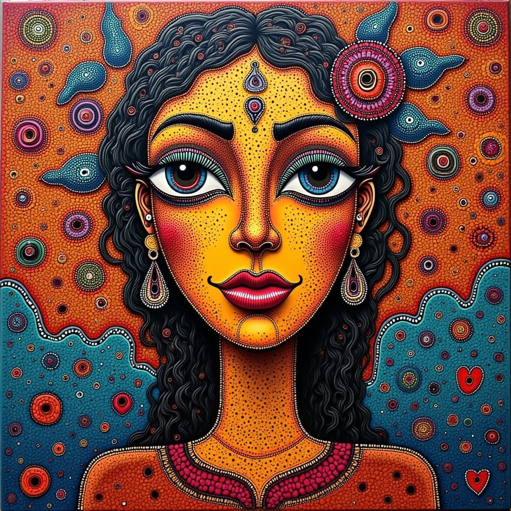 <lora:MIXED EMOTIONS:1.0> lady gaga, Surreal Maximalist ABORIGINAL folk-art, cluttered zentangle oil on canvas painting