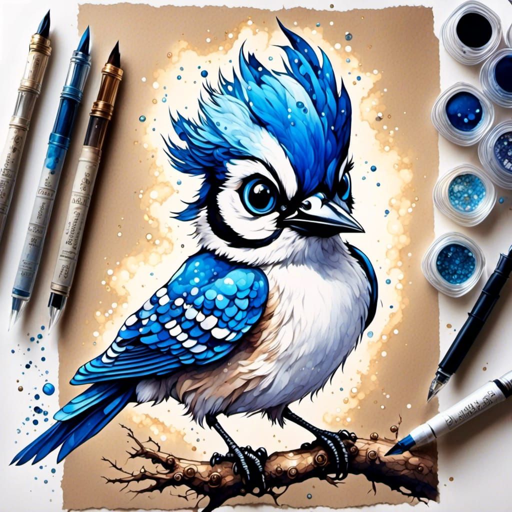 Steampunk Chibi Blue Jay Watercolor Portrait
