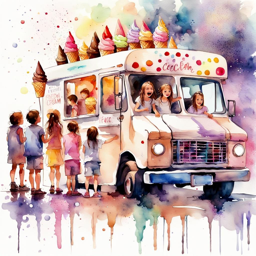 Kids Waiting in line for a ice cream truck excitement in the air, watercolor, splash art effect, Magical ...  by @Sparkfire