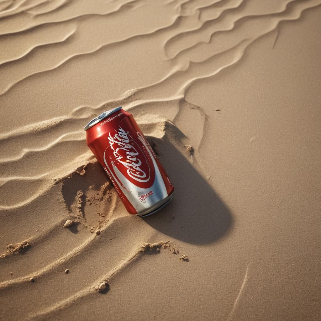 Metallic Coca-Cola Can on Sandy Beach at Golden Hour