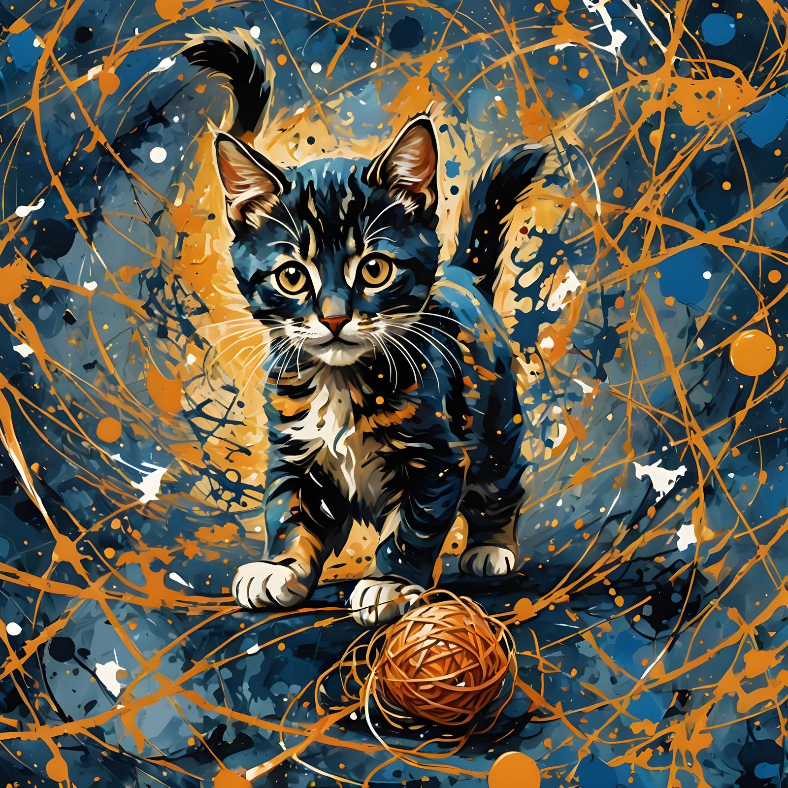 A kitten playing with a ball of string, in the style of Jackson Pollock   by @wizrheads