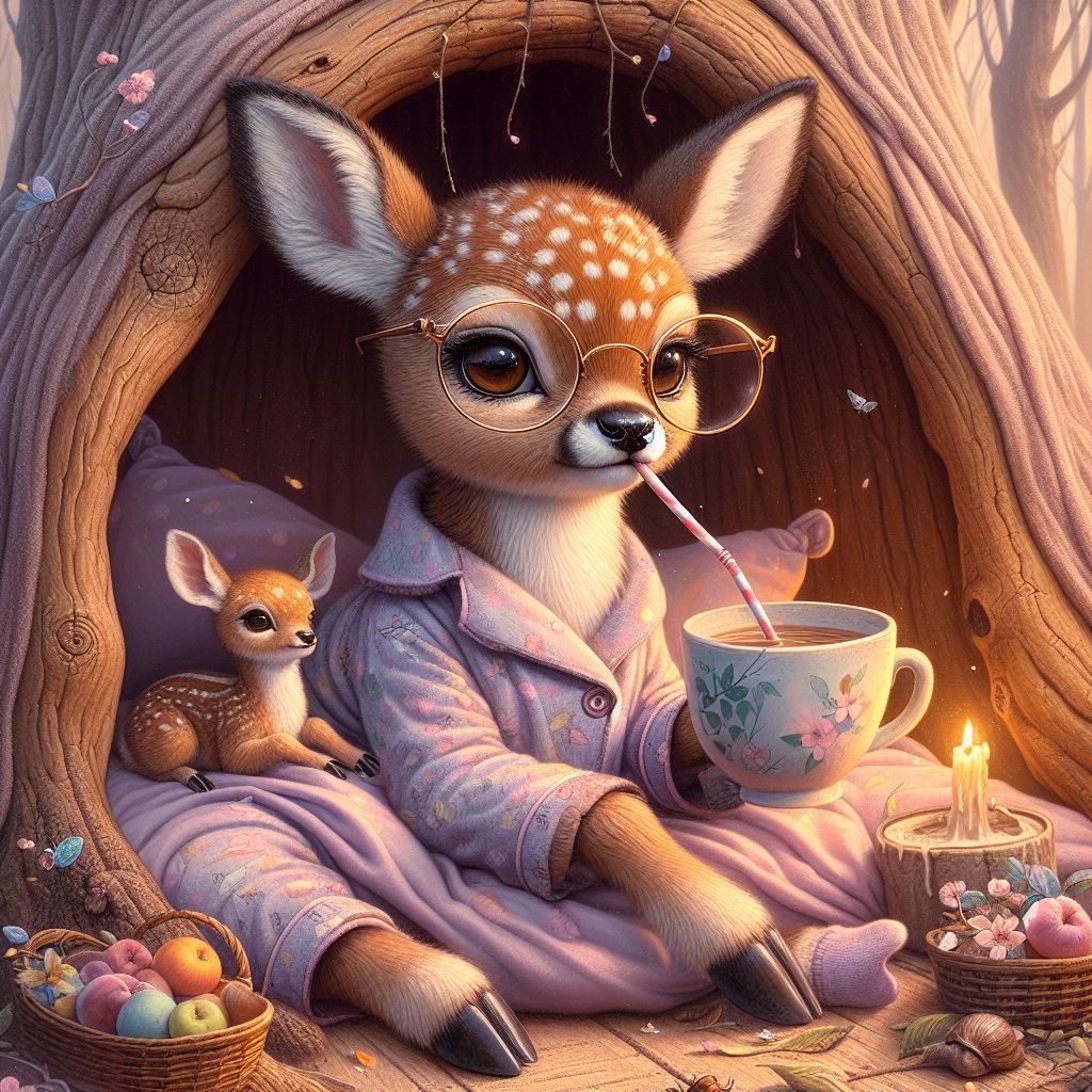 Cute Fallow Deer and fawn in cosy home drinking cocoa (2)