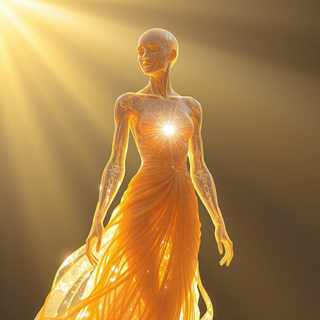 a beautiful woman made of Crystal In a dress made of sunligh...